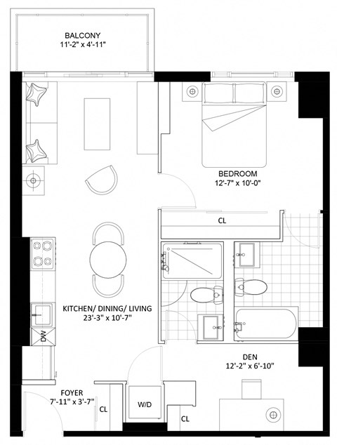 Floor plan for 1 bed, 2 baths, 680 sqft